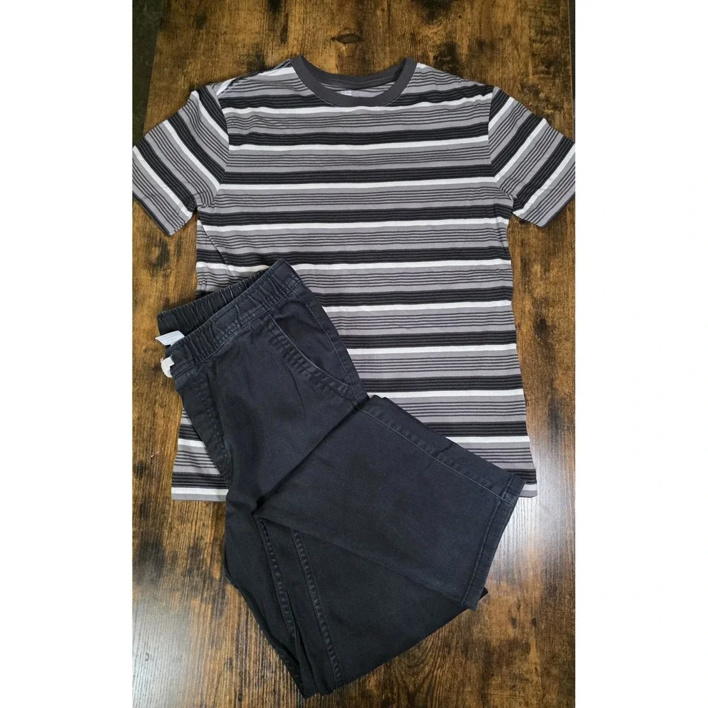 Old Navy Shirt Wonder Nation Pants Boys XL 14-16 Outfit Set Black Gray Stripe